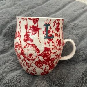 Anthropologie Homegrown Red and White Monogram Letter L Ceramic  Mug Cup